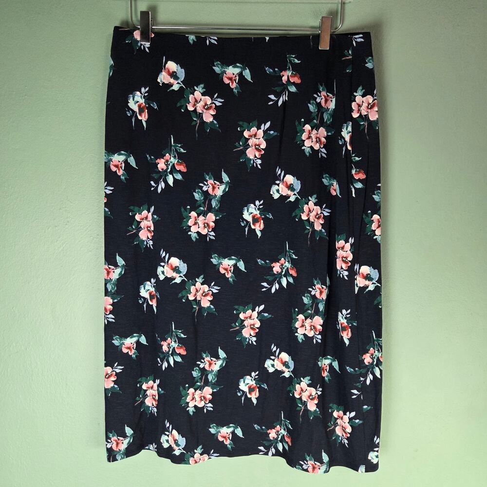 J. Jill Womens Medium Long Floral Skirt Navy Rayon Blend Elastic Waist Stretch